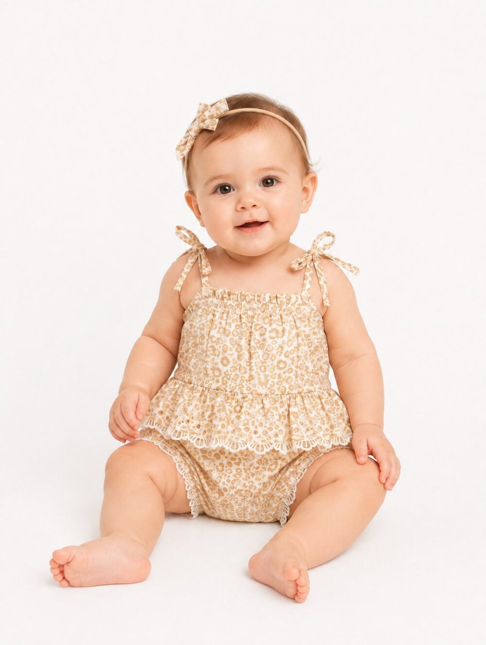 BARDOT Baby Leopard Lace Trim Romper 0-3 Months Beige Tie Shoulder NWT